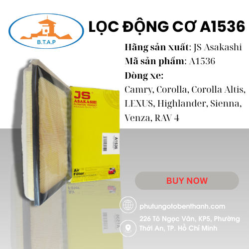 Lọc động cơ Camry, Corolla, Corolla Altis, LEXUS, Highlander, Sienna, Venza, RAV 4  	 A1536